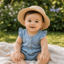 Baby sitting on a garden blanket