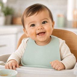 Smiling baby in a high chair