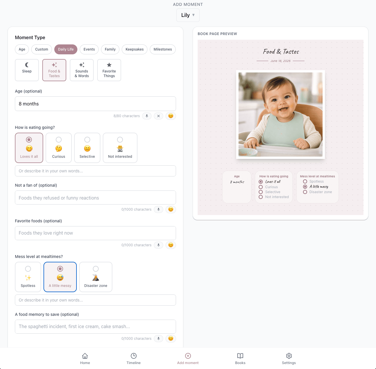 Adding a moment with a live book-page preview