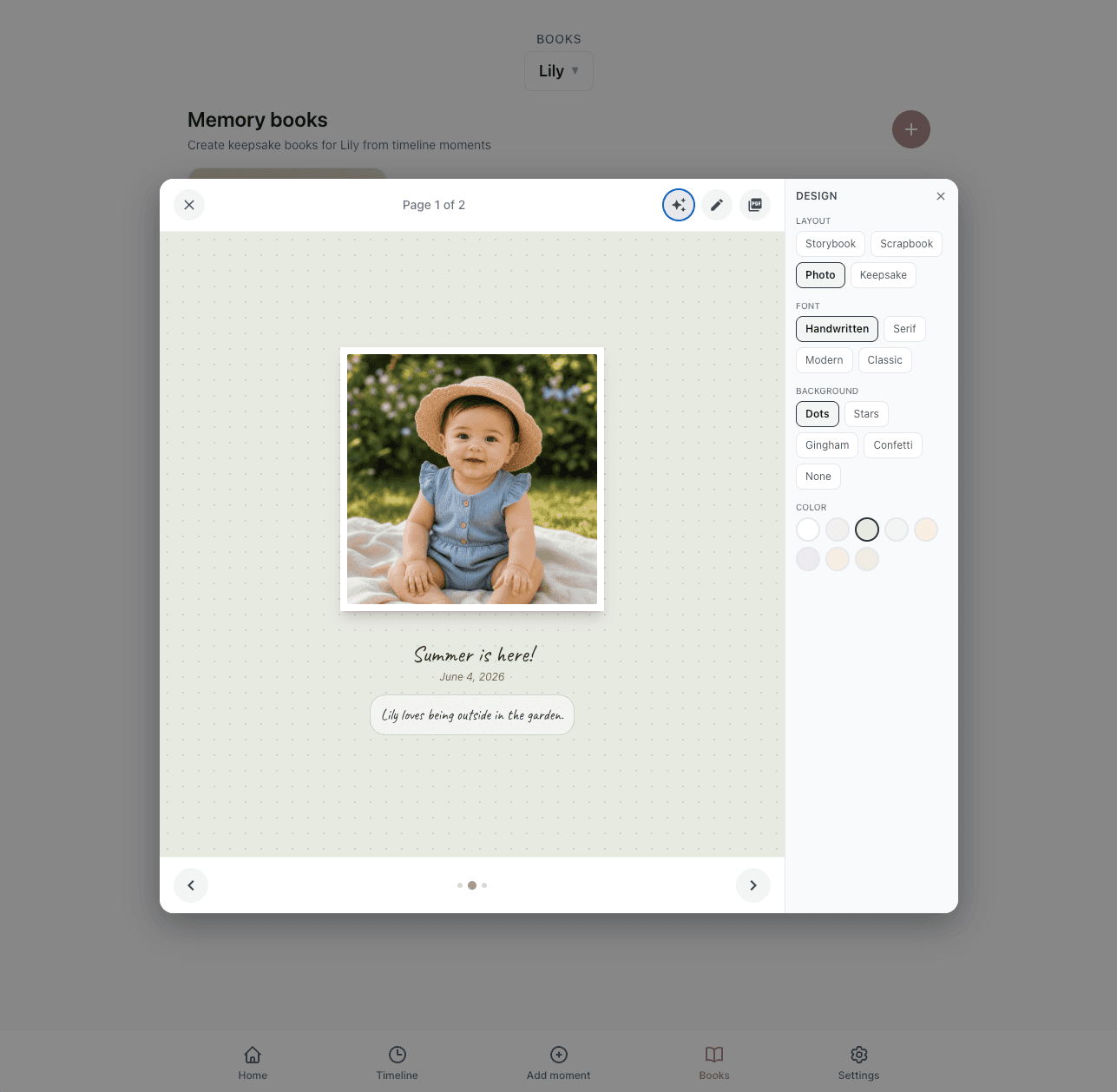 Designing a keepsake book page in Magic Baby Books