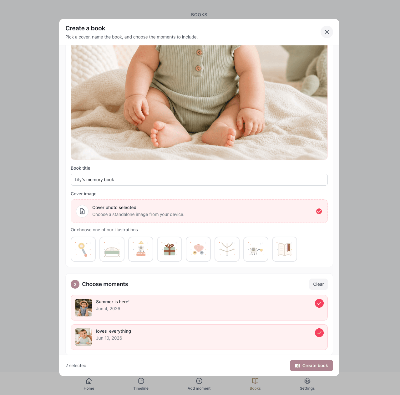 Creating a keepsake book from saved moments on the web app