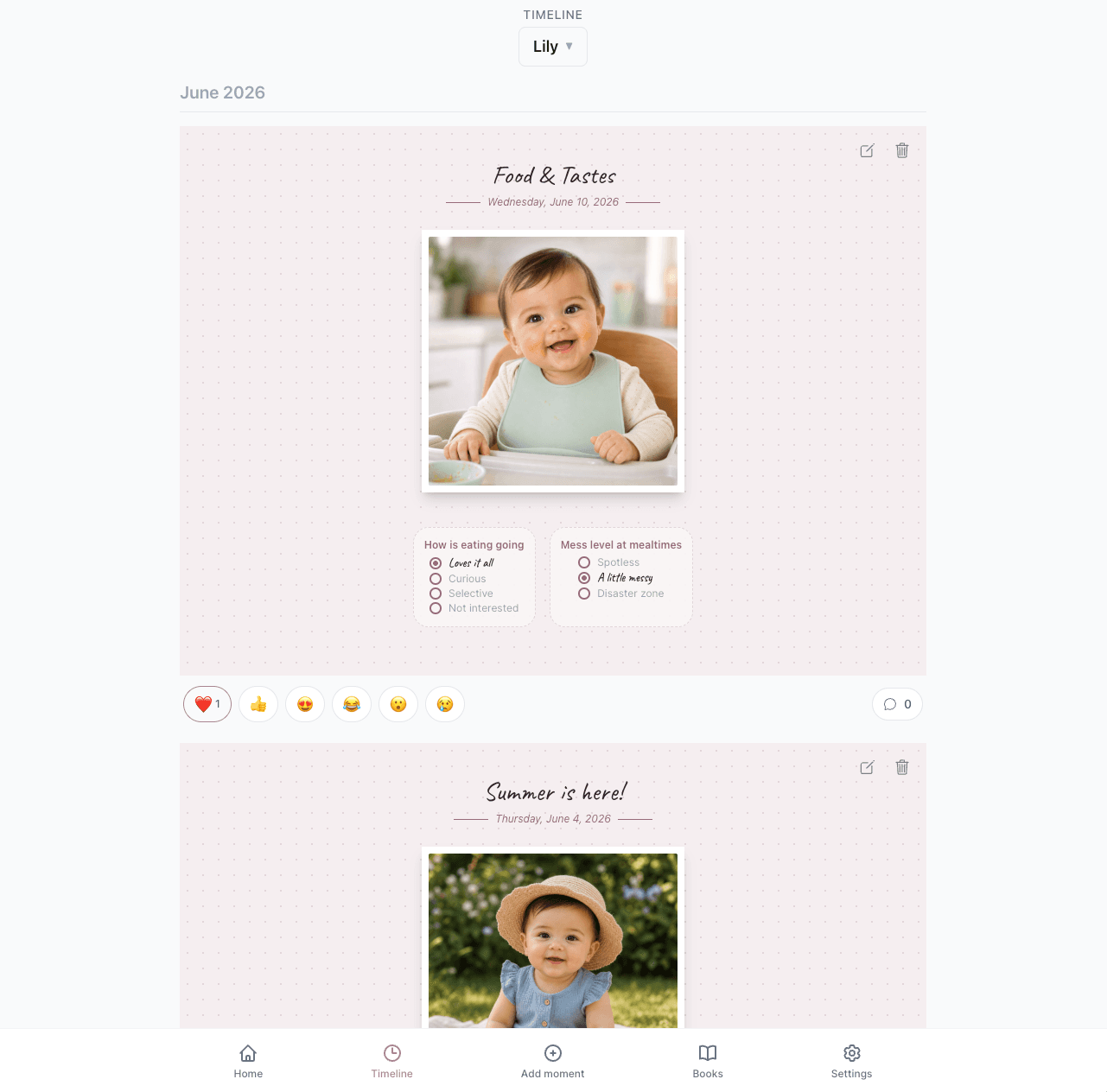 A private family timeline of saved childhood moments