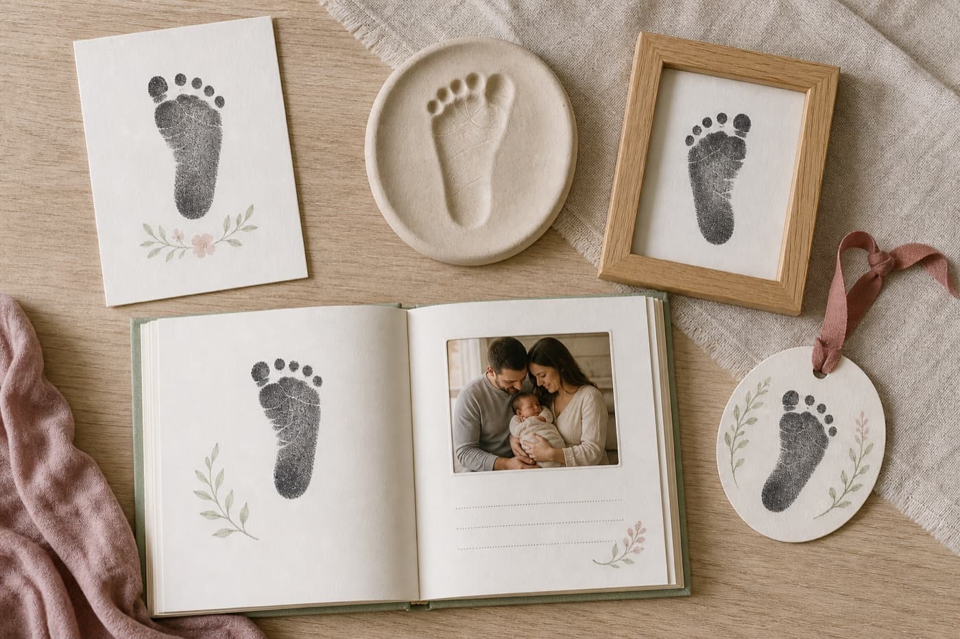 A collection of finished infant footprint keepsakes including a card, clay impression, framed print, ornament, and memory-book page