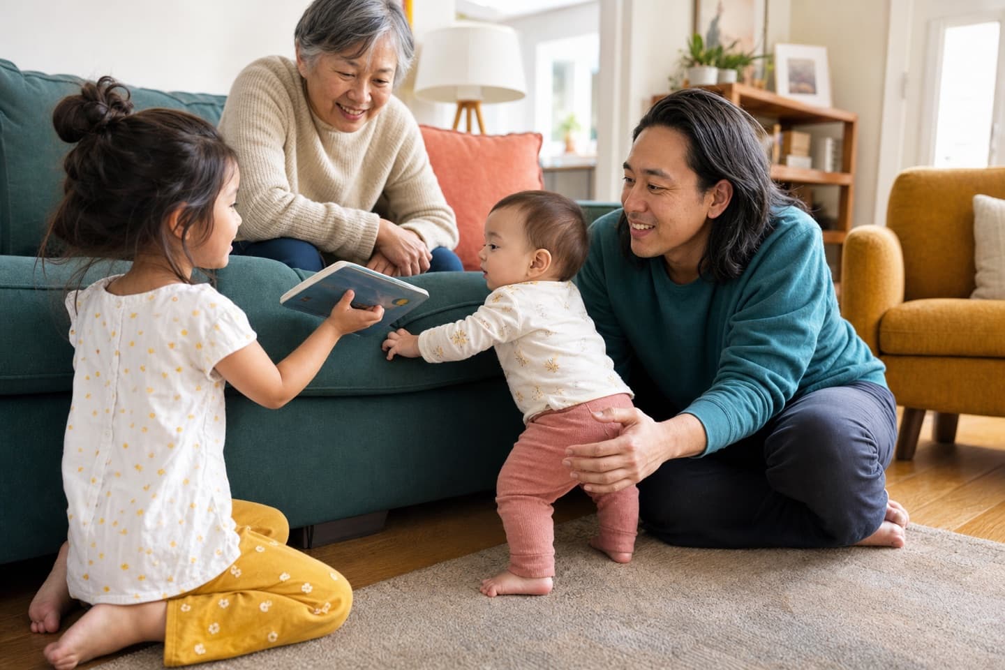A baby safely exploring with a sibling, parent, and grandparent during the later first-year months
