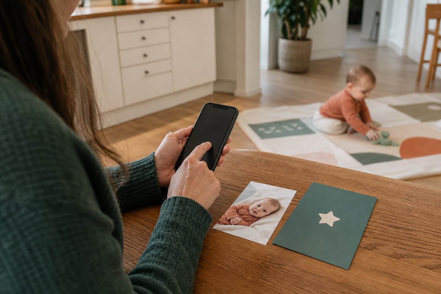A parent saving the story after taking a baby milestone photo