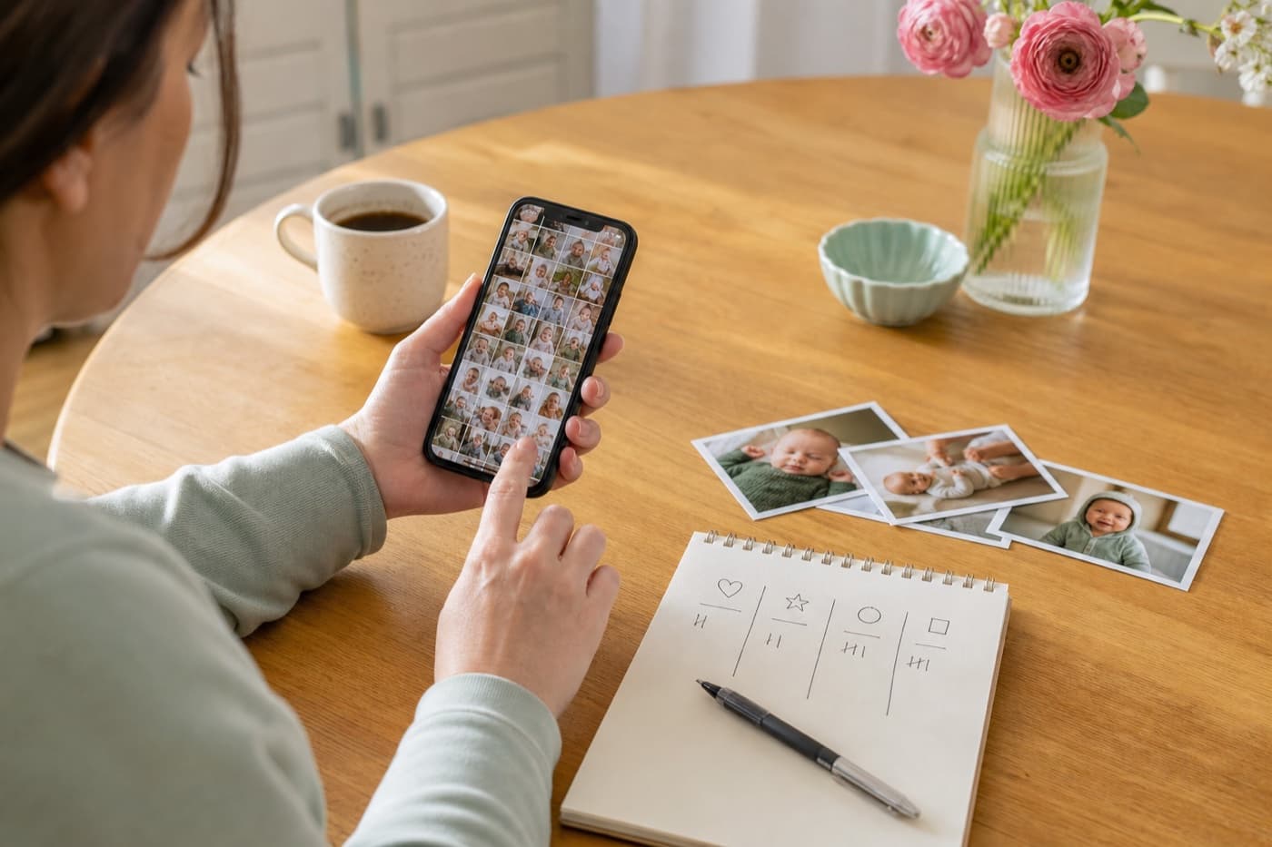 A parent narrowing a large phone photo library into a small group of meaningful baby pictures