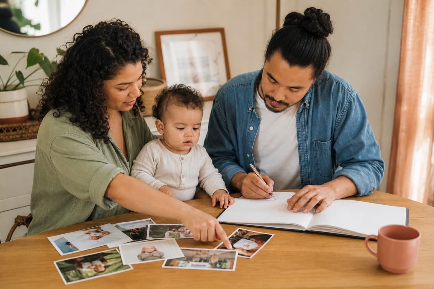 Parents choosing the photos and words that belong in their family's keepsake book
