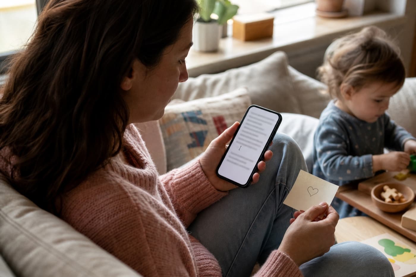A parent carefully reviewing and editing a drafted family memory before saving it