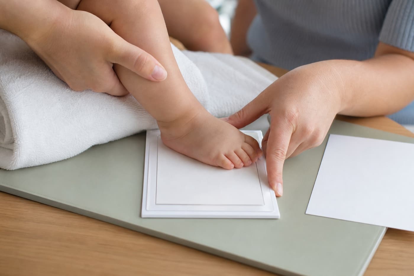 An adult safely making an inkless baby footprint while another adult supports the infant