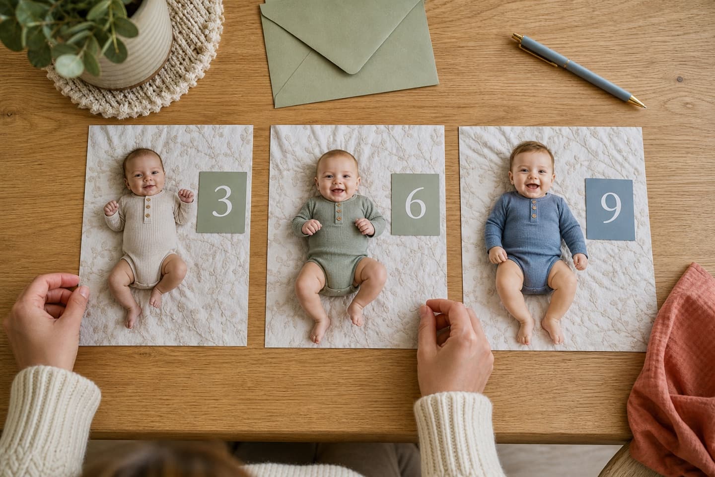 Three printed baby milestone photos arranged as a consistent three, six, and nine month series