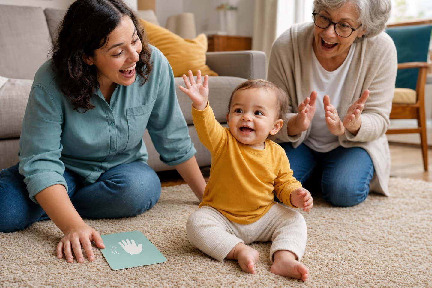 A baby waving while a parent and grandparent react during a candid family milestone