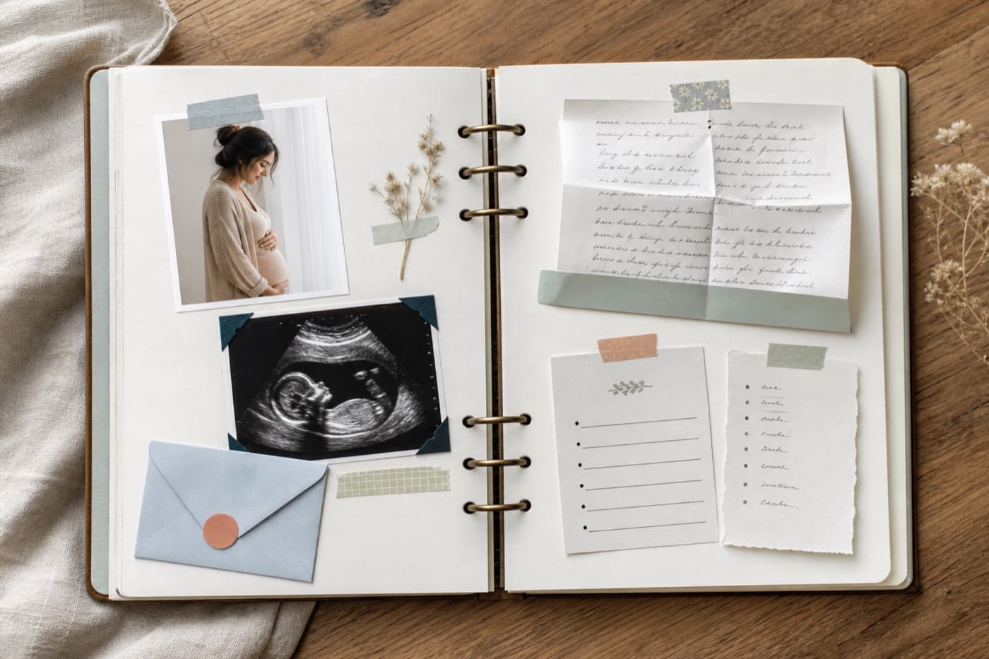 A carefully organized pregnancy-journal spread with an ultrasound copy, monthly photo, letter, appointment card, and envelope