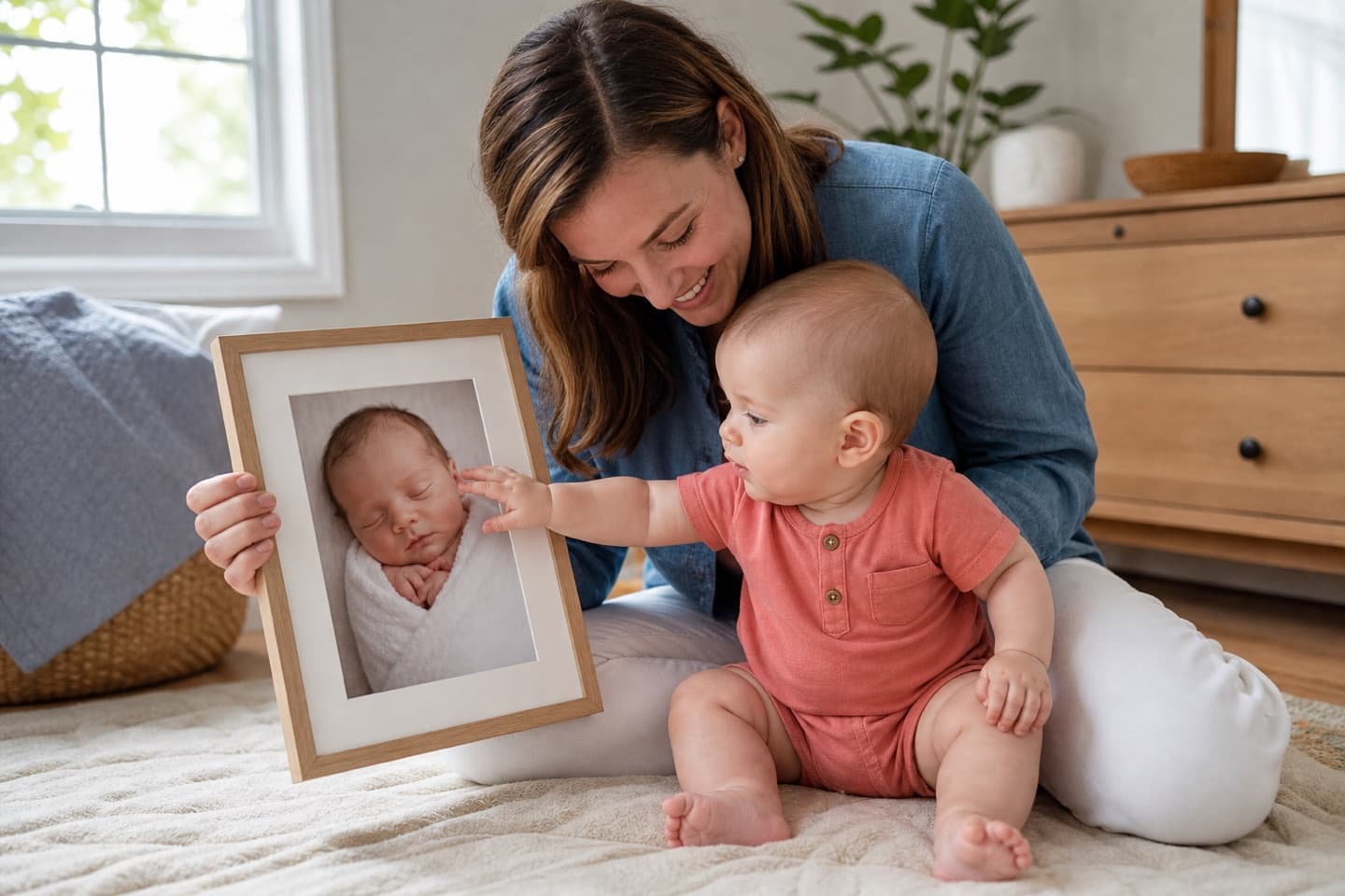 A parent comparing a framed newborn portrait with their baby at six months