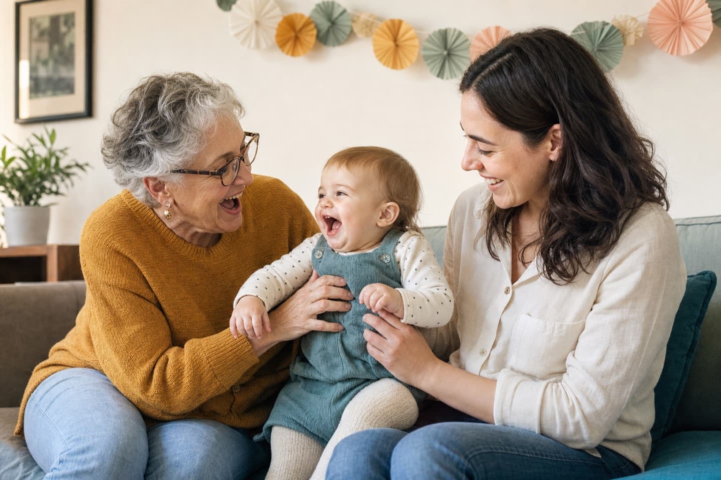 A baby laughing with a parent and grandparent in a candid three-generation first birthday picture