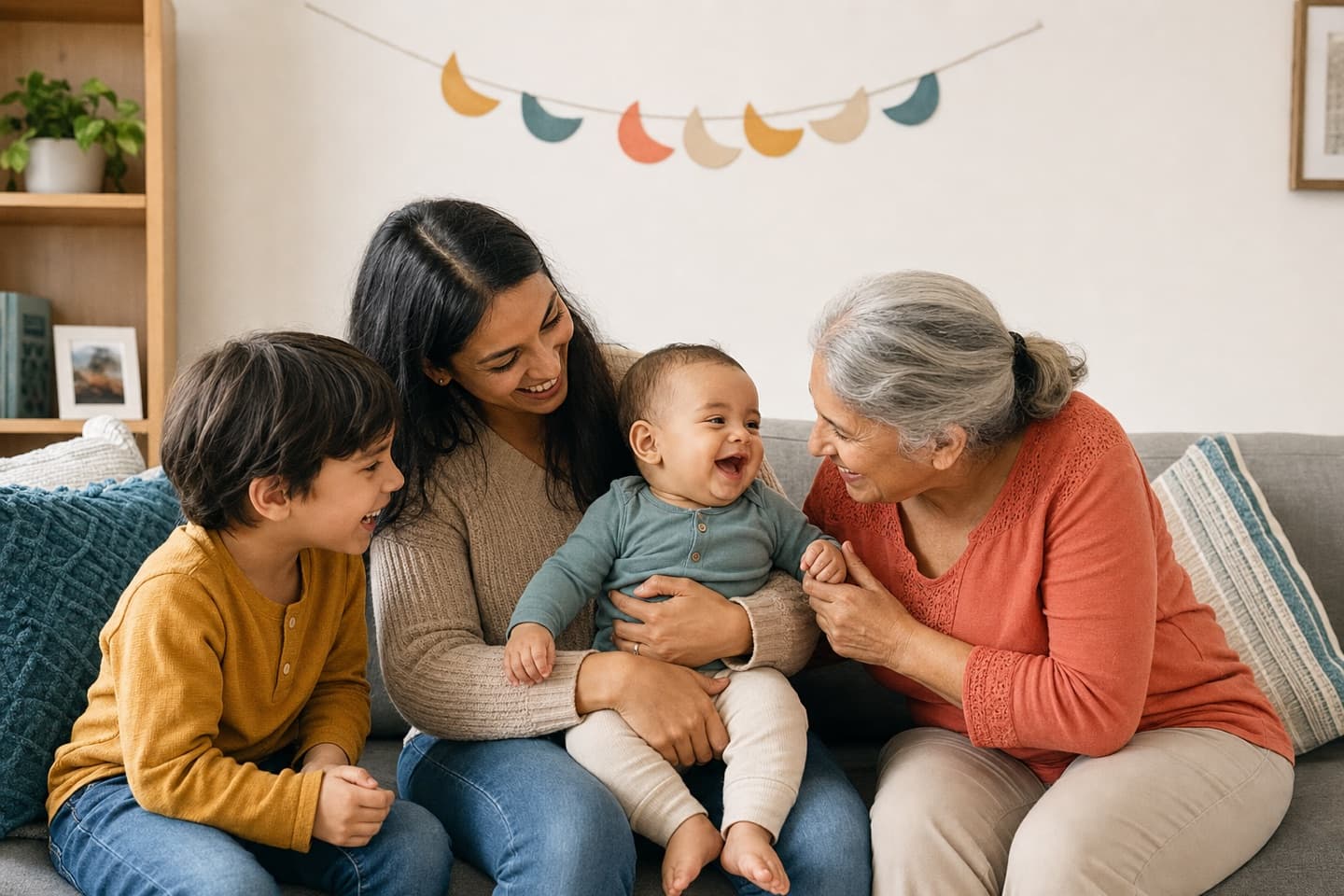 A baby laughing with a parent, sibling, and grandparent during a simple family half-birthday moment