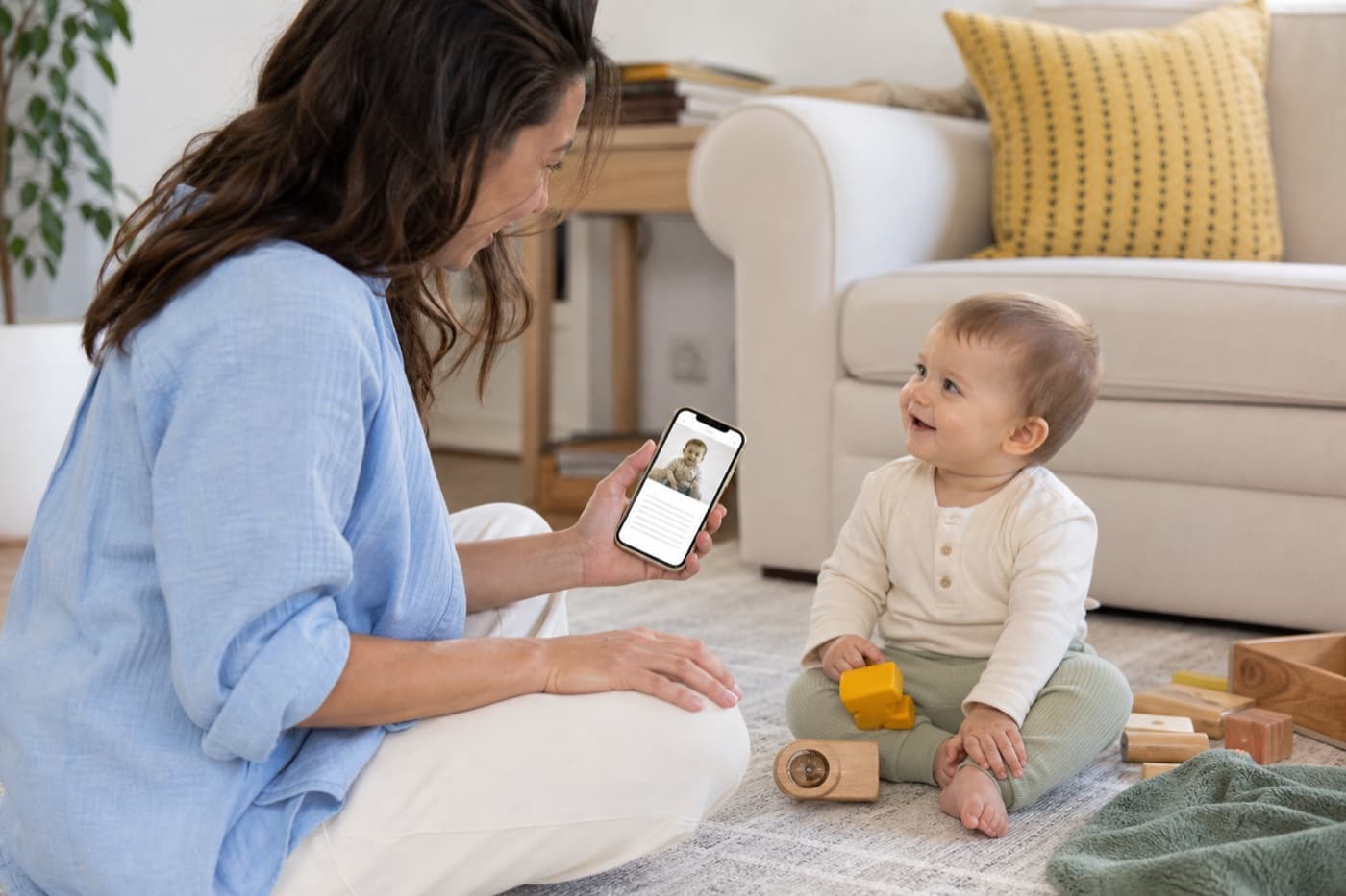 A parent saving a quick family story and photo on a phone during an ordinary moment at home