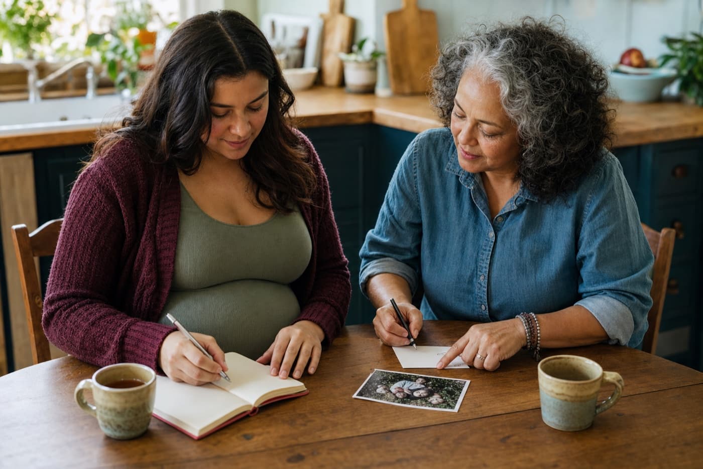 A pregnant solo parent and a close family member writing separate notes for the pregnancy story together