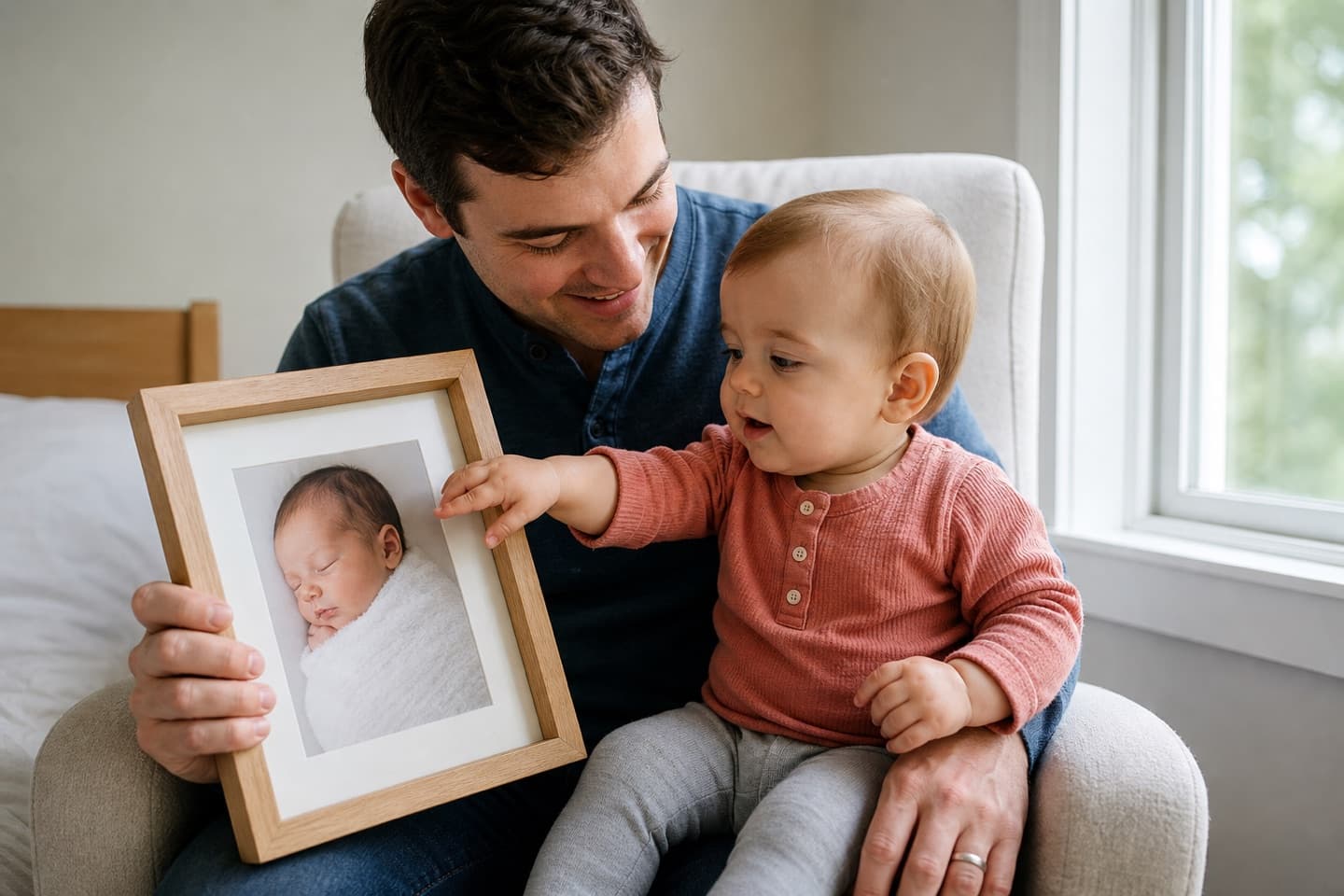 A parent showing their one-year-old a framed newborn picture for a then-and-now birthday photo