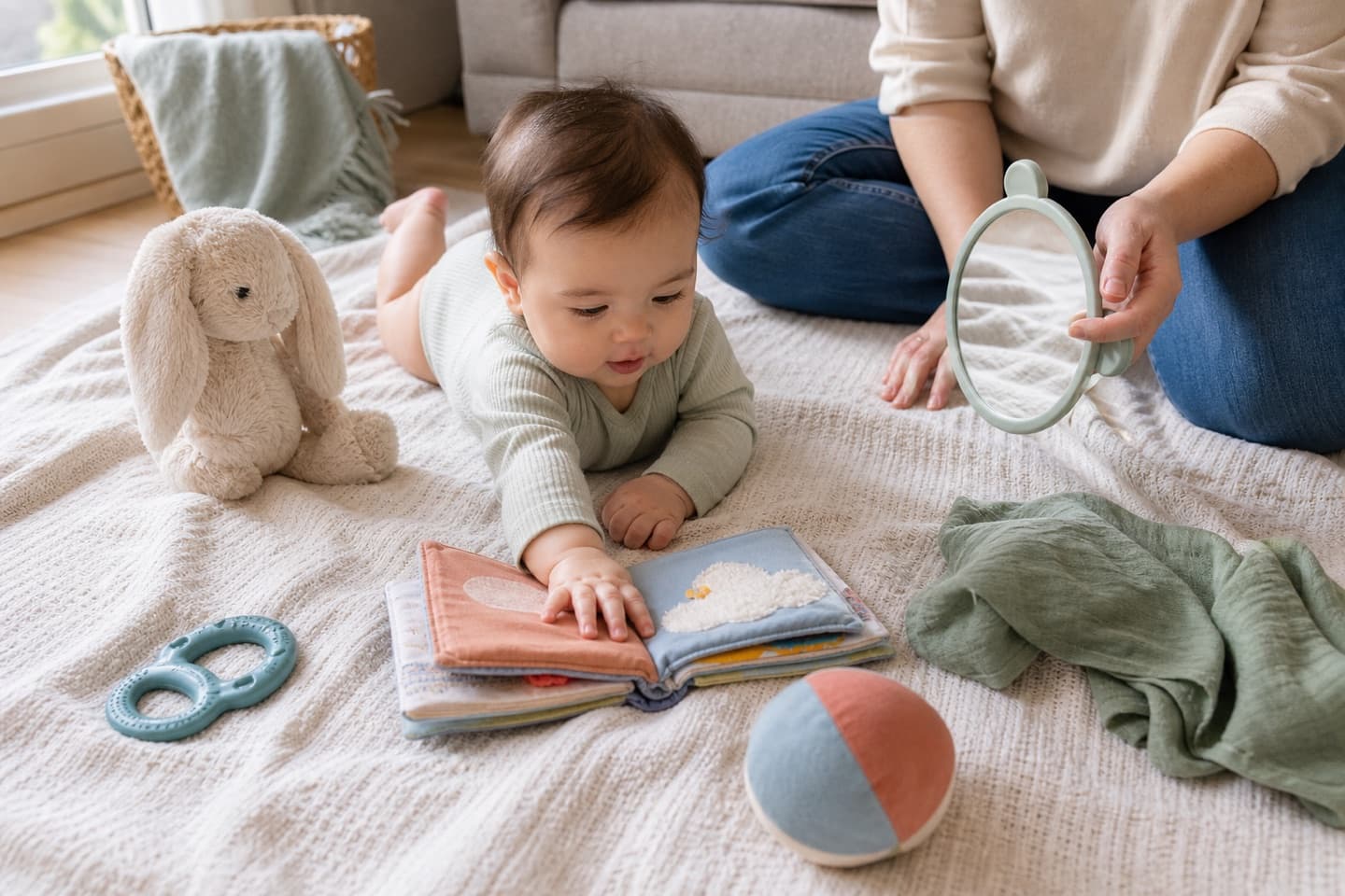 A six-month-old baby playing safely with six familiar favorite things while a parent stays close