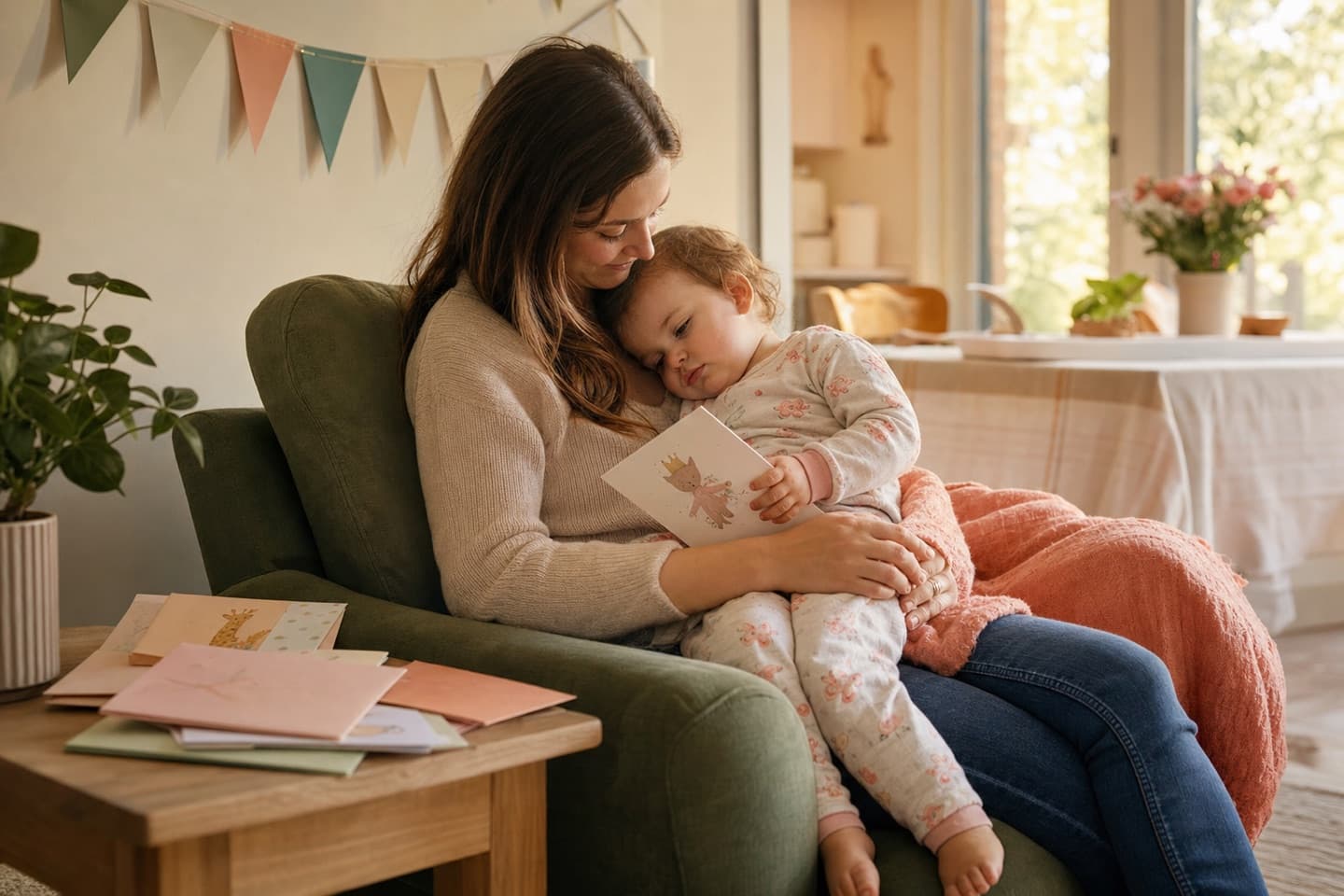 A tired one-year-old cuddling with a parent during the quiet moment after a birthday party